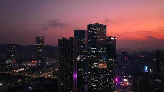 航拍深圳北站晚霞夜景