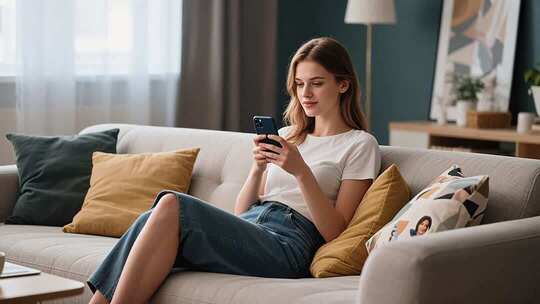 女子沙发上使用手机