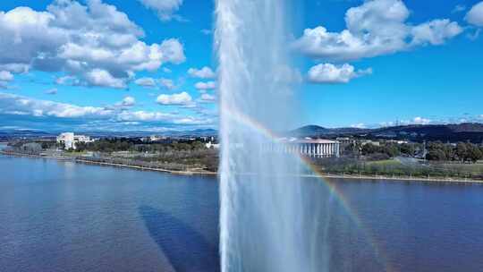 城市航拍澳大利亚堪培拉喷泉蓝天白云天际线