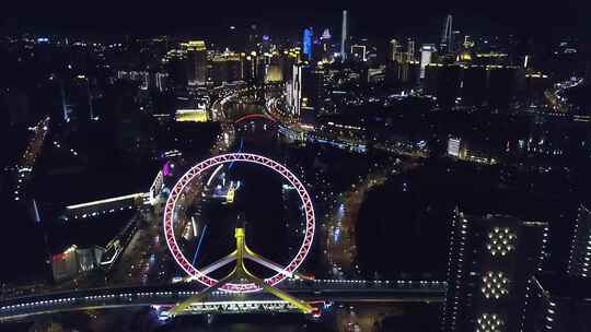 航拍天津之眼夜景最大摩天轮海河夜景