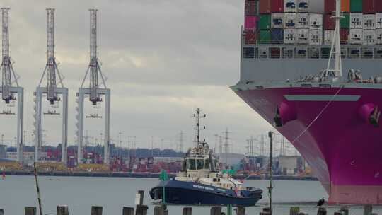 拖船拉万吨货轮进出港口视频素材模板下载