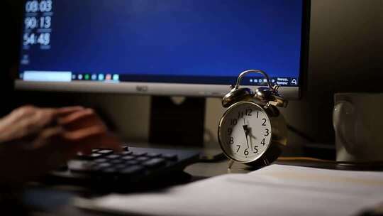 办公场景下电脑前的闹钟与计算器