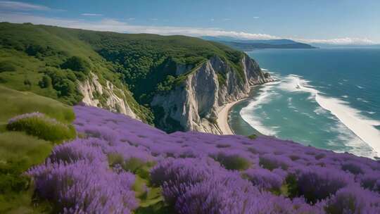 海边悬崖紫色花海全景