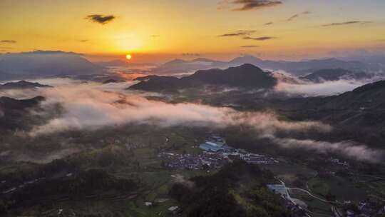 日出 云海 村落 朝霞