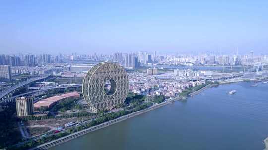 广州圆大厦城市建筑与珠江东沙桥航拍景观