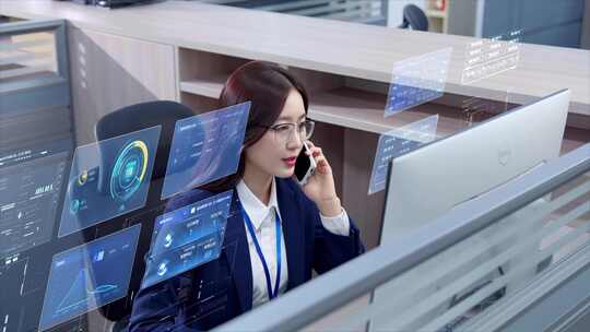 美女经理业务员或客服打电话的科技画面