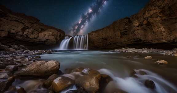 夜空下的瀑布与星河景观