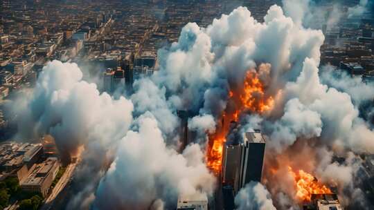城市高空爆炸烟雾场景