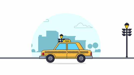 城市4K黄色出租车。出租车服务概念动画视