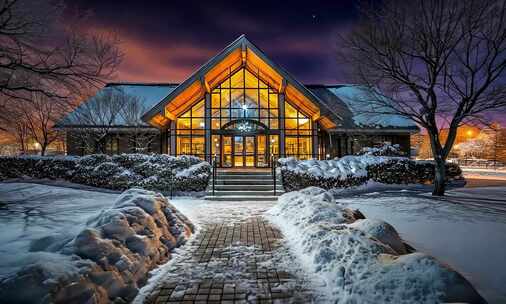 夜晚积雪中的现代建筑外观 推镜头