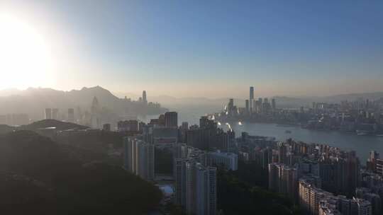 香港维多利亚港清晨航拍