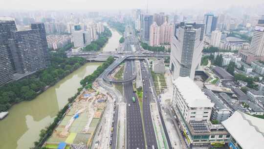 浙江数字出版印刷大楼高架路车流航拍