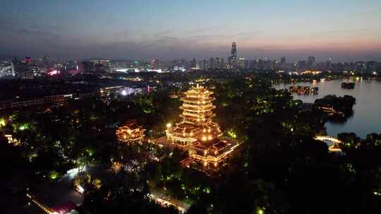 山东济南大明湖超然楼晚霞夜景游船俯拍航拍