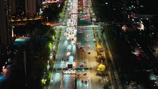 中国辽宁沈阳浑南区浑南西路夜景航拍