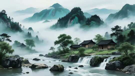 中式山水风景含古建溪流