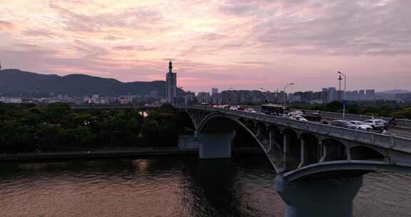 长沙橘子洲大桥日落晚霞城市风光