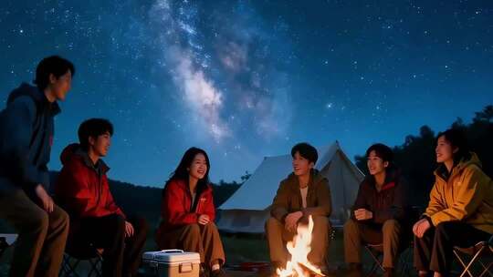 年轻人户外露营围坐篝火聊天