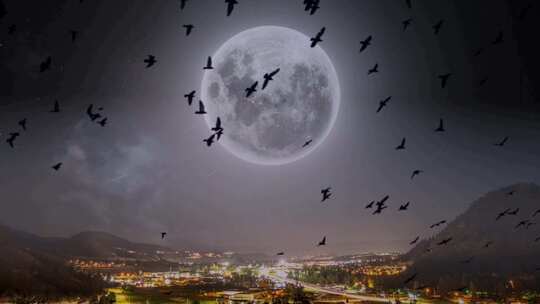 鸟群飞过城市上空的的月亮、圆月、满月