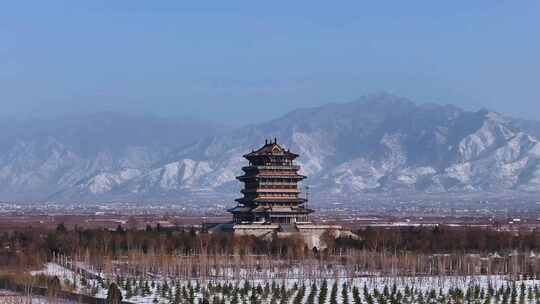 雪后永济鹳雀楼风光航拍