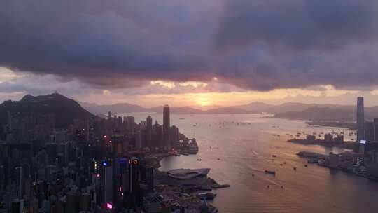 香港维多利亚港日落穿云大景航拍视频素材模板下载