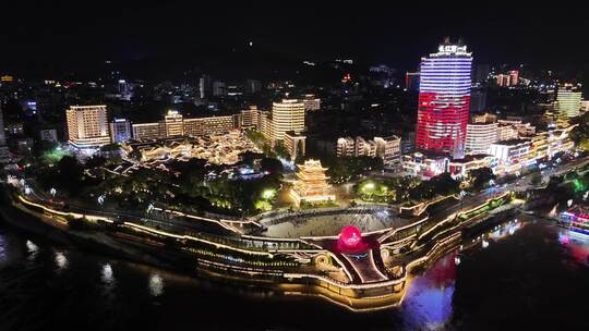 四川宜宾三江交汇处合江楼夜景灯光航拍