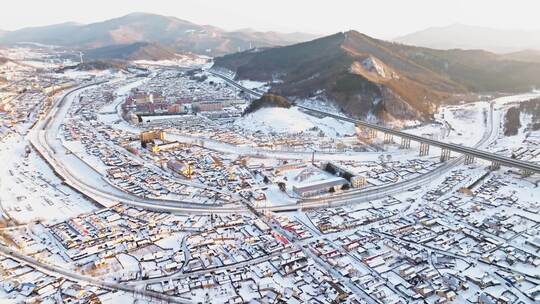 中国黑龙江冬季横道河子小镇雪乡航拍