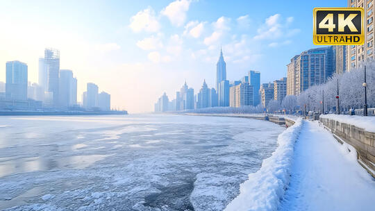 冰封城市大桥建筑湖面结冰风景唯美素材3