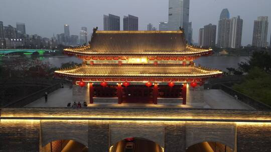 广东惠州朝京门历史古建筑夜景航拍