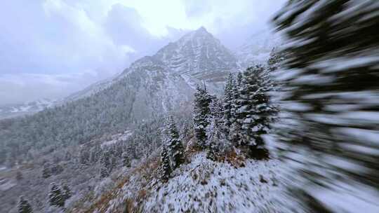 FPV穿越机无人机航拍森林雪山山脉阳光白云