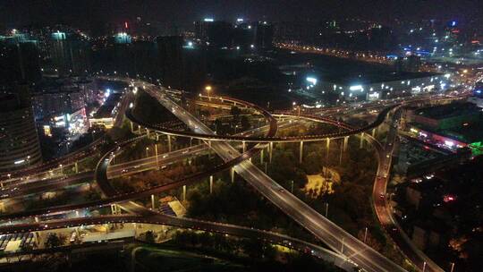 航拍山东济南顺河路高架桥交通夜景