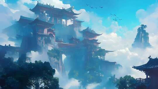 古风云端中式建筑群场景