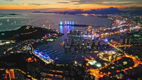 海南三亚三亚湾日落自贸港城市夜景唯美