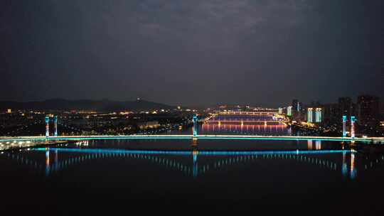 湖北襄阳凤雏大桥夜景灯光航拍