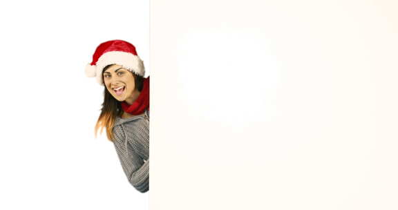 美女黑发圣诞帽指向白色海报4k