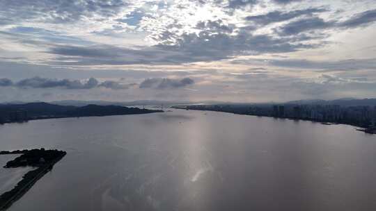 广东汕头海湾夕阳晚霞航拍