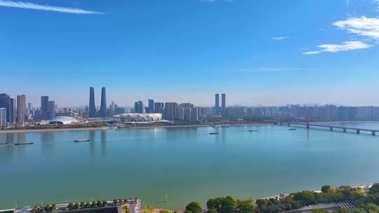杭州奥体中心杭州之门高楼大厦摩天大楼航拍