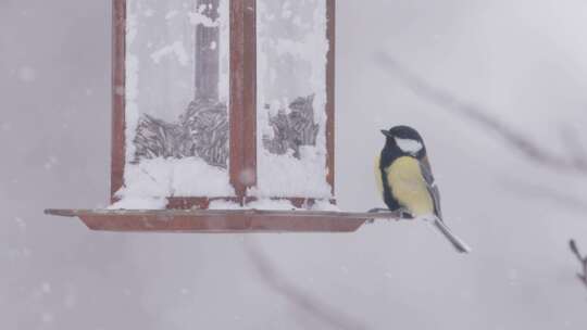 冬季在雪地里觅食的麻雀小鸟