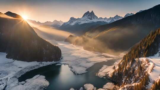雪山森林河流日出全景