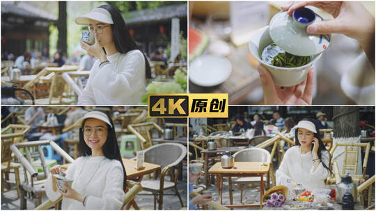 女生品茶喝盖碗茶-成都陈锦茶铺高清在线视频素材下载