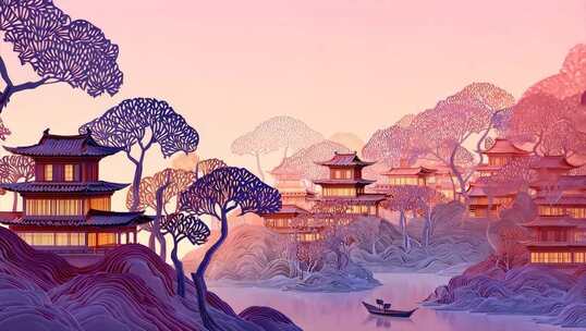 唯美纸艺风古风建筑背景 梦幻国风楼阁景观