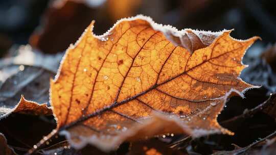 覆霜枯叶微距特写画面