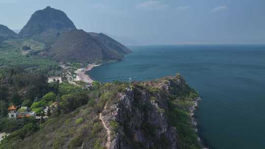 云南玉溪市抚仙湖禄充风景区笔架山航拍风光