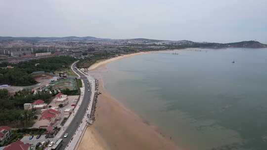 山东蓬莱大海海边沙滩风景航拍