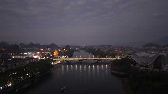 广西桂林夜景桂林解放桥夜景航拍