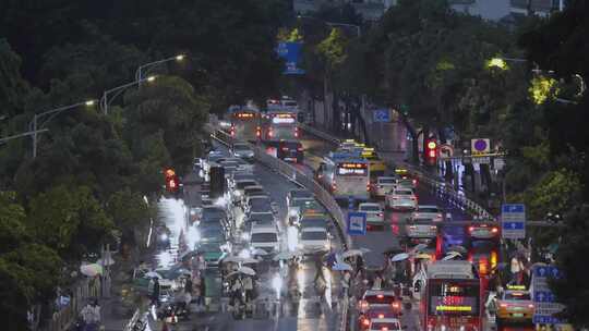 雨天街道路口斑马线人群过马路