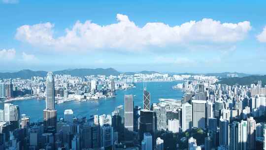 香港维多利亚港延时航拍城市蓝天白云风景