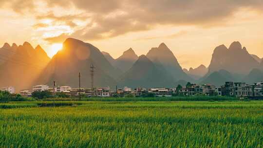 稻田夕阳村庄日落延时-广西柳州柳城古砦乡