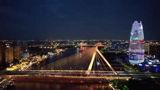 浙江宁波外滩大桥夜景灯光航拍