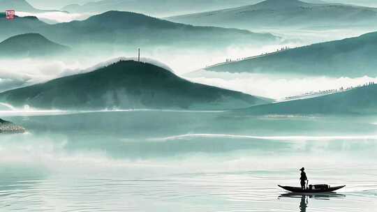水墨山水渔夫泛舟画面