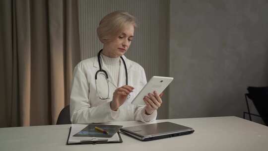 专业女医生在医务室查看平板电脑上的患者记